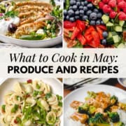A collage of four dishes—salads, pasta, and a rice bowl—highlights What to Cook in May, with text reading “What to Cook in May: Produce and Recipes. 31Daily.com.”.