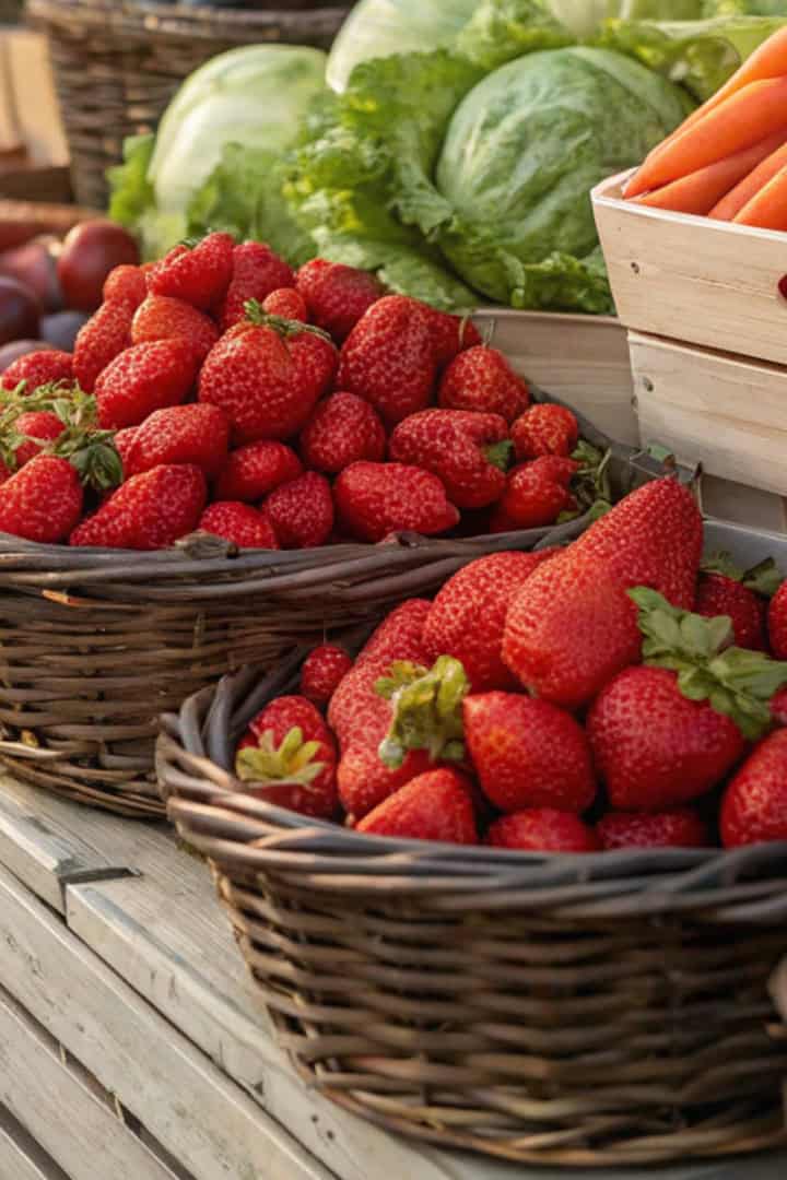 Baskets of fresh strawberries displayed on a wooden market stand offer inspiration for What to Cook in May, nestled next to crates of carrots, heads of lettuce, and other vibrant produce.
