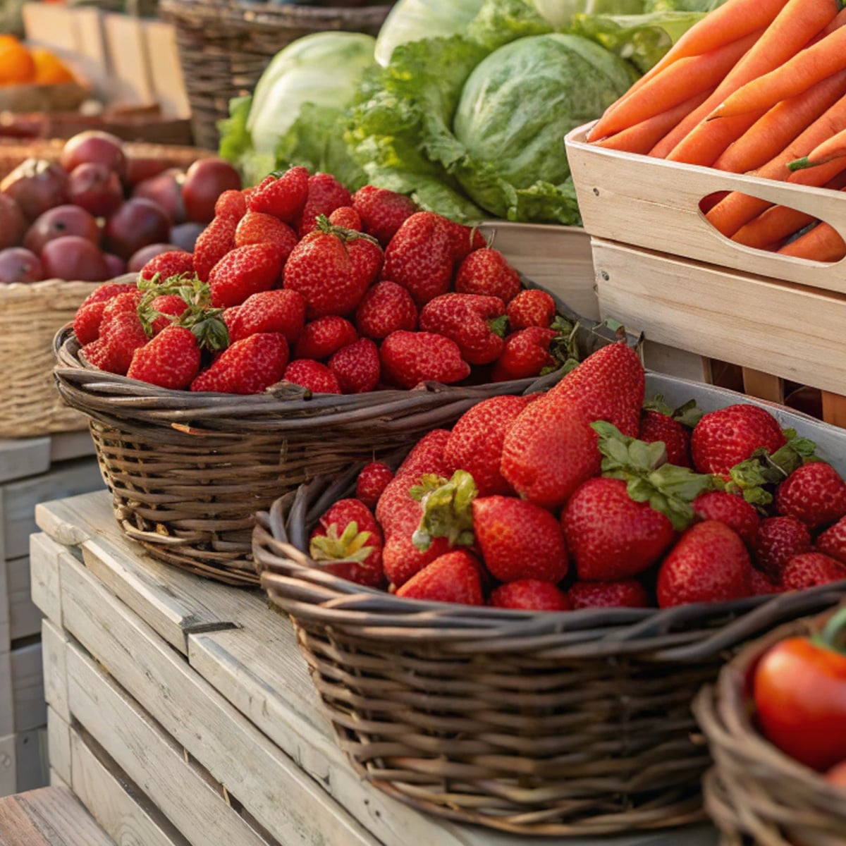 Baskets of fresh strawberries displayed on a wooden market stand offer inspiration for What to Cook in May, nestled next to crates of carrots, heads of lettuce, and other vibrant produce.