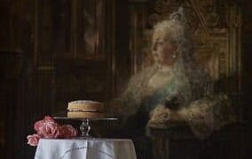 A small cake and pink roses sit on a table with a white cloth, evoking the elegance of Queen Elizabeth Afternoon Tea Recipes, in front of a painting of a woman in historical attire.