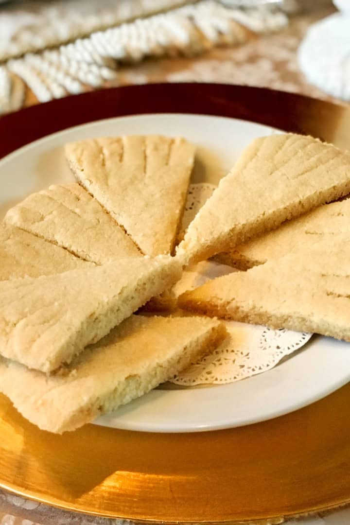 Plate of Petticoat Tails shortbread cookies on a plate ready for serving.
