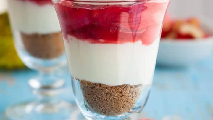Vertical view of Strawberry Rhubarb Yogurt Parfaits