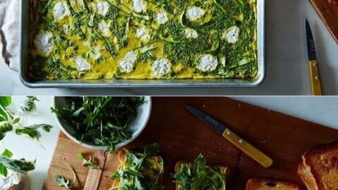 Sheet pan breakfast: Baked egg and herb frittata in a tray, shown whole and cut into squares, served with toasted bread and arugula on a wooden board.