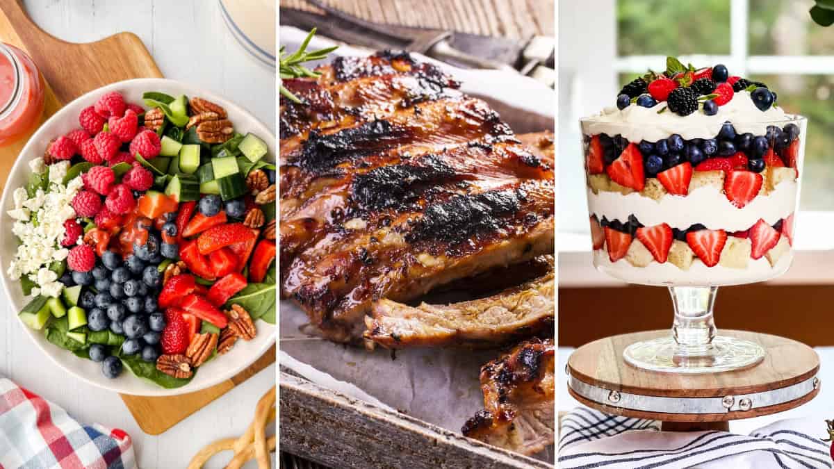 A collage showcasing a 4th of July Cookout feast: berry and pecan salad, grilled ribs on a cutting board, and a layered berry trifle dessert in a glass bowl.
