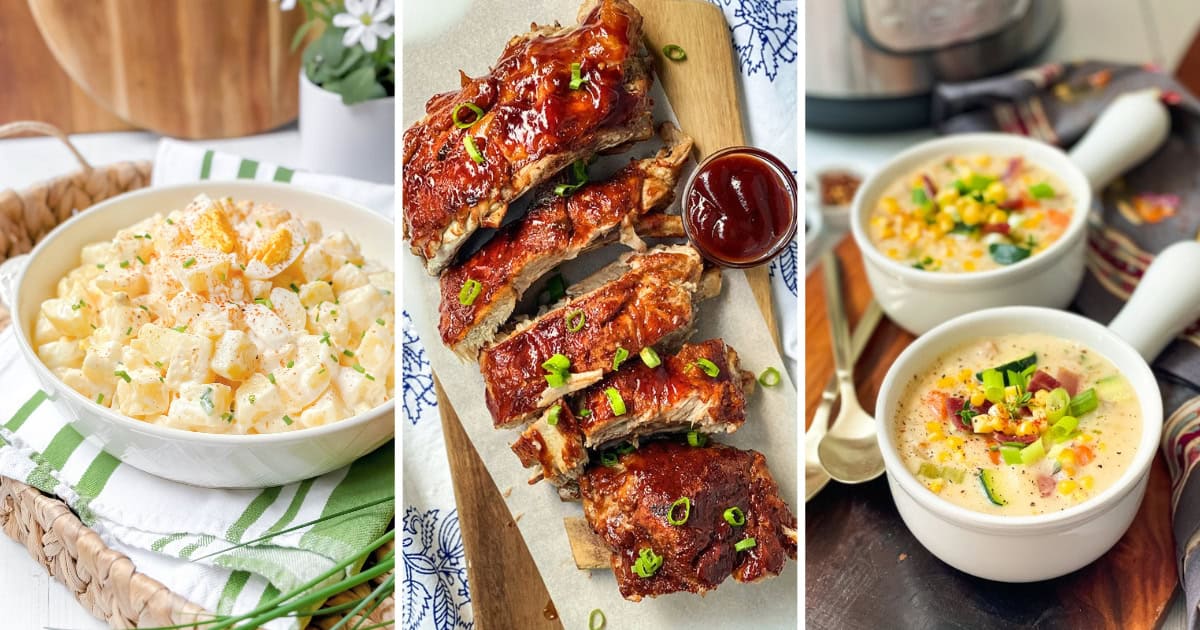 Three dishes side by side: instant pot potato salad, ribs, and corn chowder for easy summer meals.