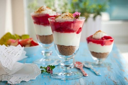 Closeup view of 3 Strawberry Rhubarb Parfaits