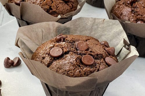Very Close Shot of Single Double Chocolate Zucchini Muffin