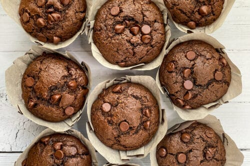 Top view of Double Chocolate Zucchini Muffins on white backdrop