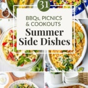 A vibrant collage of six Summer Side Dishes—corn on the cob, chopped salad, pasta salad, Mexican street corn, bean salad, and baked beans—with a text overlay highlighting delicious summer recipes.