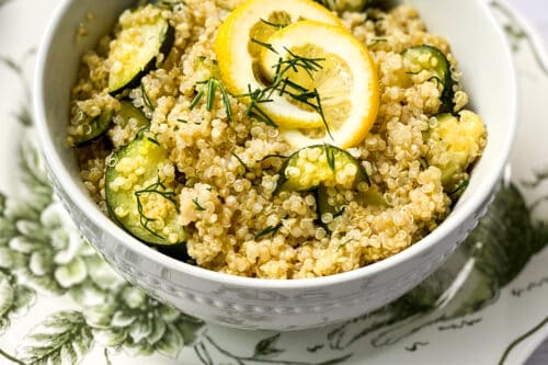 Instant Pot Zucchini and Lemon Quinoa in a White Bowl