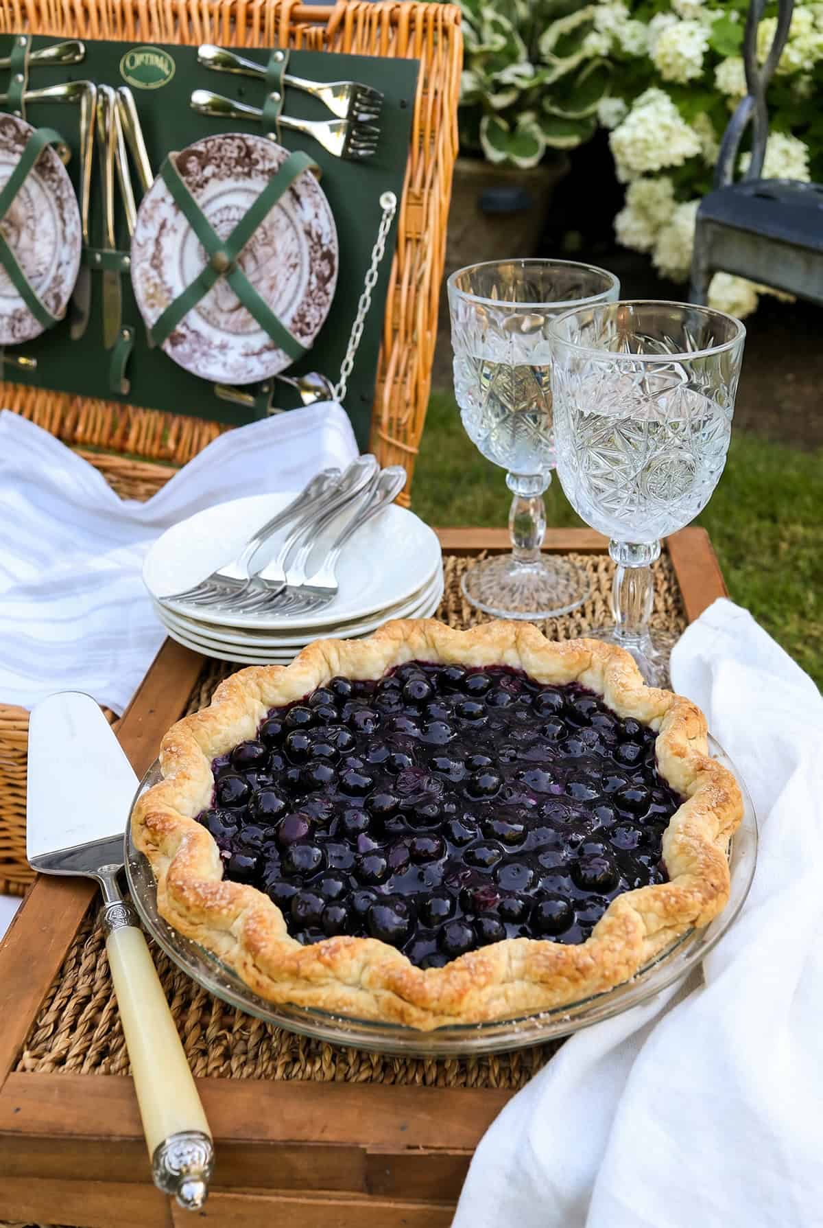 A homemade blueberry pie sits on a picnic basket beside plates, utensils, and two crystal glasses, with a white cloth and lush garden plants in the background.