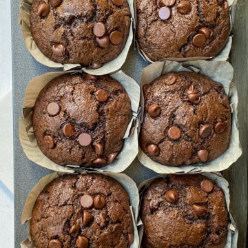 Chocolate Zucchini Muffins in paper sleeves cooling in a muffin tin.