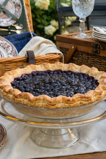 A freshly baked open face blueberry pie sits on a glass cake stand, surrounded by patterned plates, cutlery, and a wicker picnic basket on an outdoor table, ready for a delightful blueberry pie picnic.