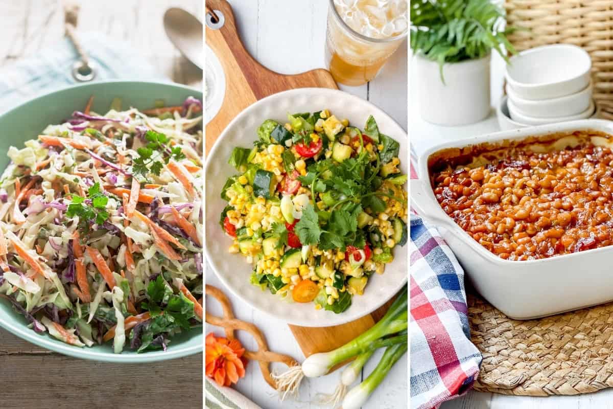 Three classic summer side dishes are shown: a bowl of coleslaw, a plate of corn salad with herbs, and baked beans, all arranged on a white table with kitchenware and a checkered napkin.