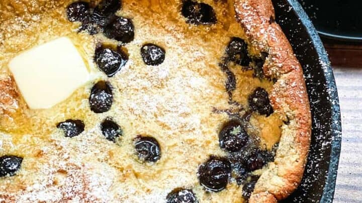 Closeup view of Blueberry Dutch Baby Oven Pancake