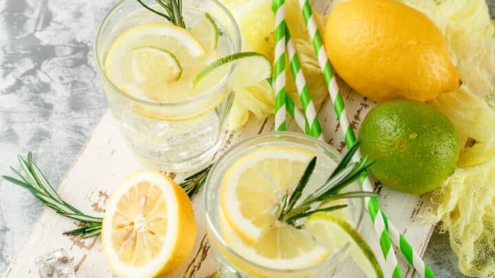 Top View of Rosemary Lemonade with slices of lemon and lime