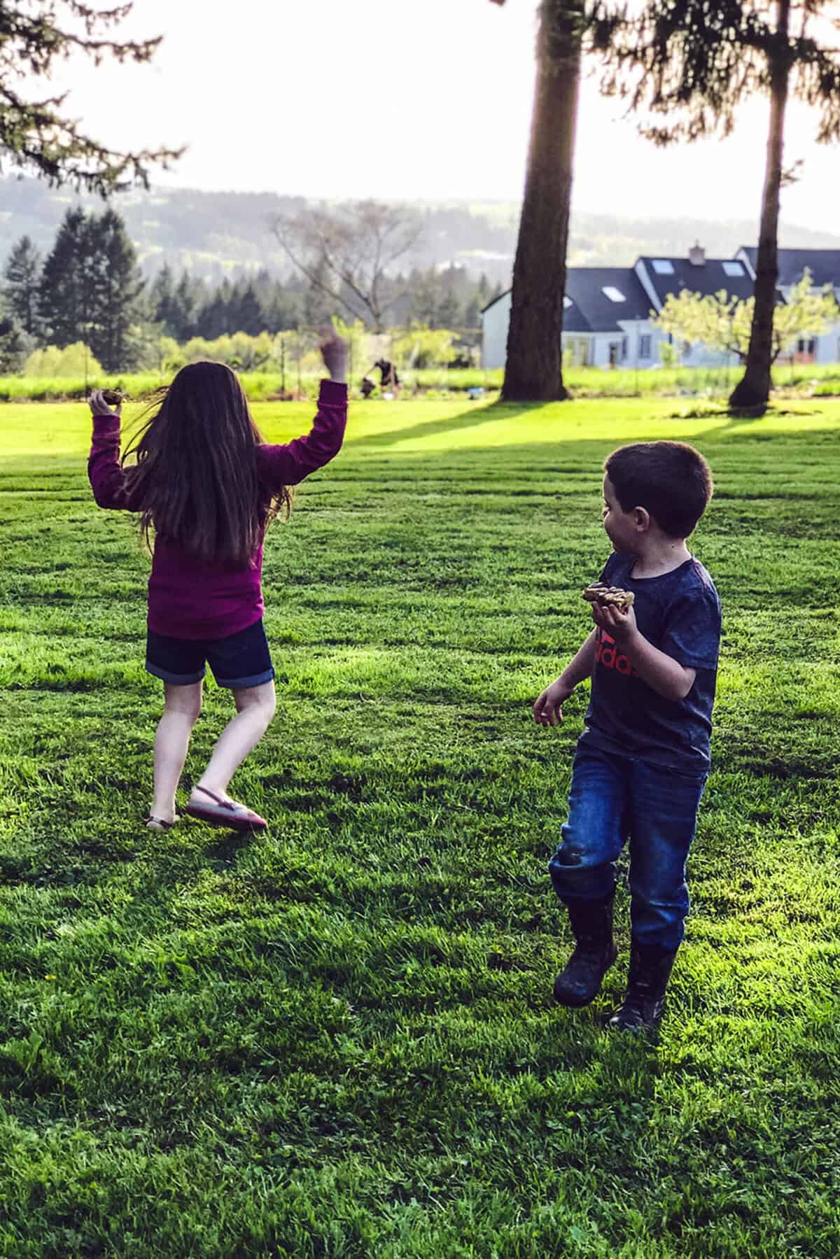 Two young children play on a grassy lawn; one girl with long hair runs with arms raised, while a boy stands nearby holding Chocolate Chip Cookie Bars. Trees and a house sit in the background under a bright sky.