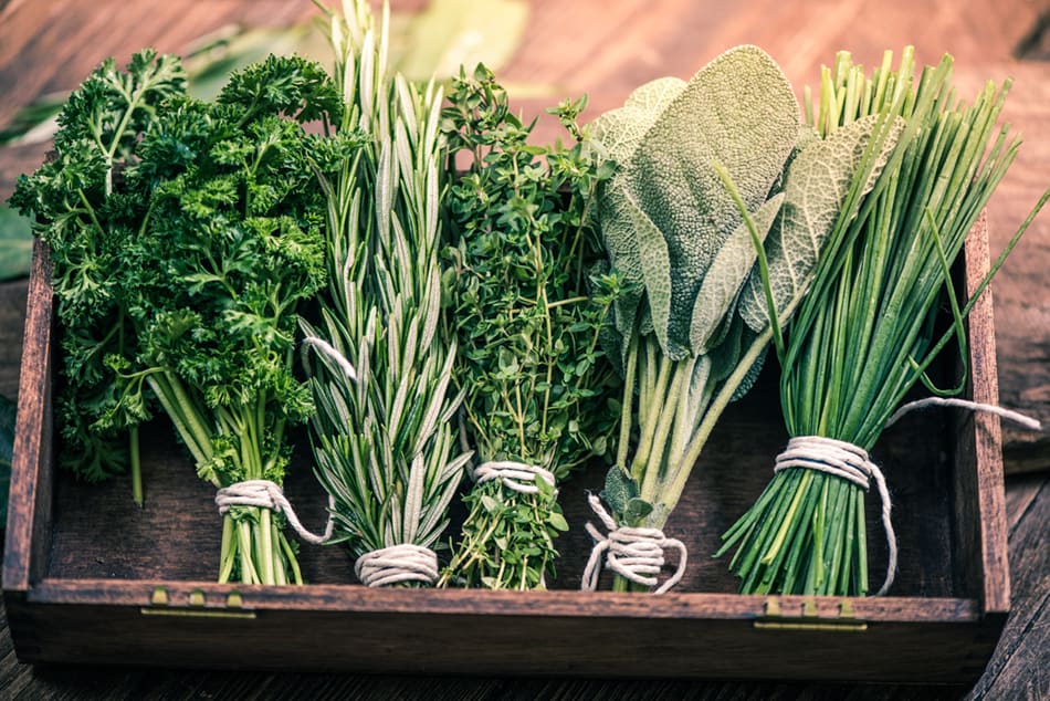 Bound Herbs on a Wooden Tray for Preserving