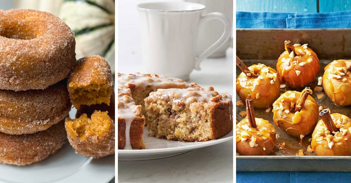 A stack of sugar-coated donuts, a slice of glazed nut cake on a plate with a white mug, and a tray of baked apples filled with nuts and cinnamon sticks—perfect Fall Desserts to enjoy as the weather cools.