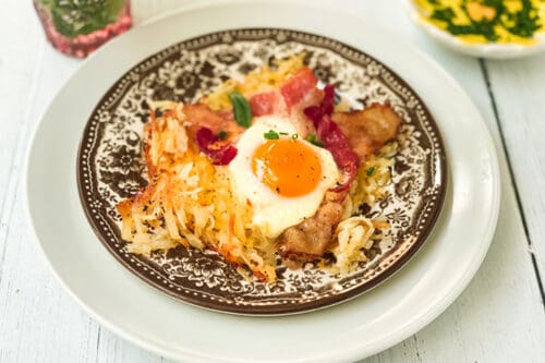 Easy Sheet Pan Breakfast on a Brown and White Plate