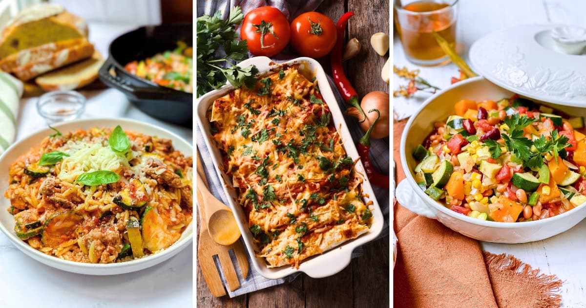 Three image collage featuring pasta, enchiladas, and vegetable stew for this budget friendly weeknight dinners recipe collection.