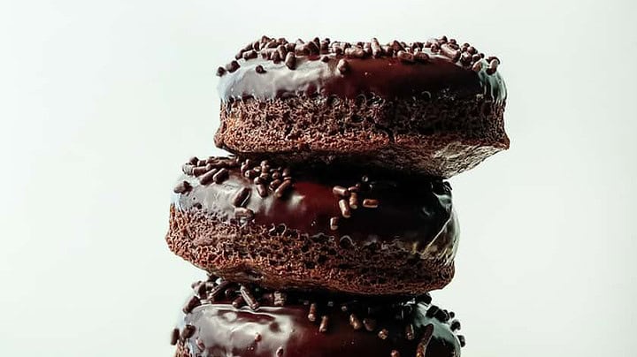 Vertical Stack of Double Chocolate Baked Donuts