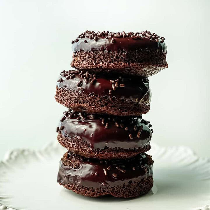 Vertical Stack of Double Chocolate Baked Donuts