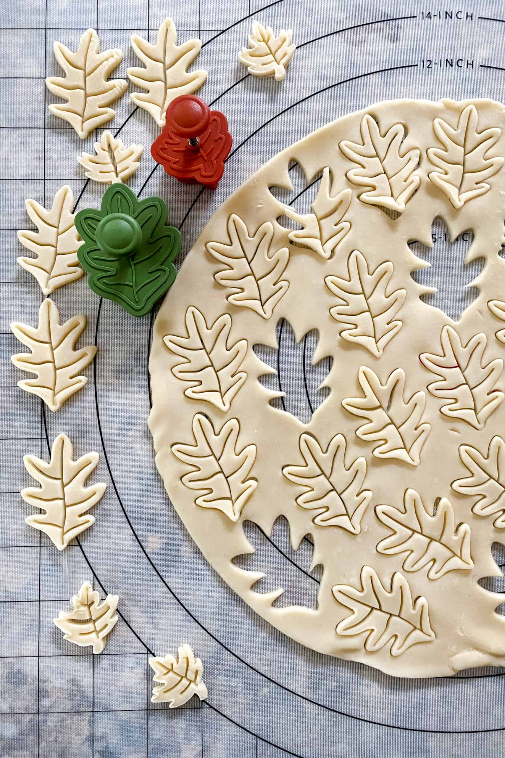 Ready made pie crust cut into fall leaf shapes with a cookie cutter press.