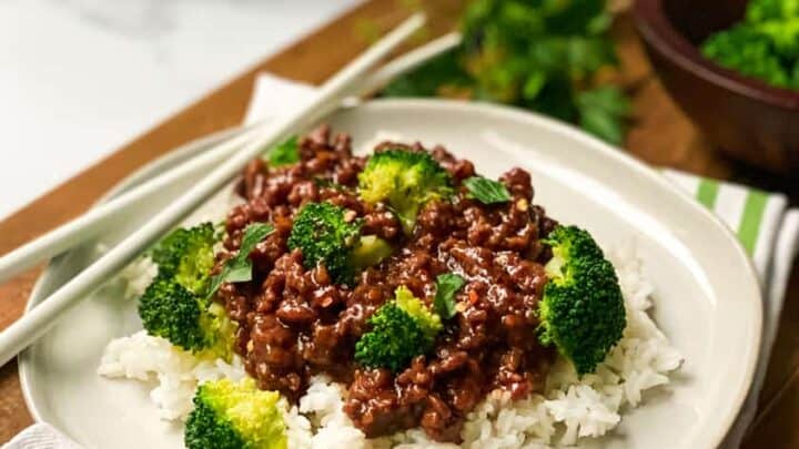 Plate of Instant Pot Beef and Broccoli with Chopsticks