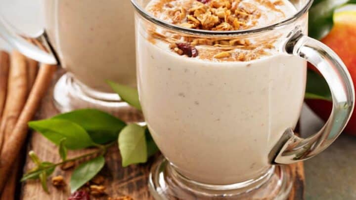 Vertical view of 2 Apple Pie Smoothies in Glass Mugs