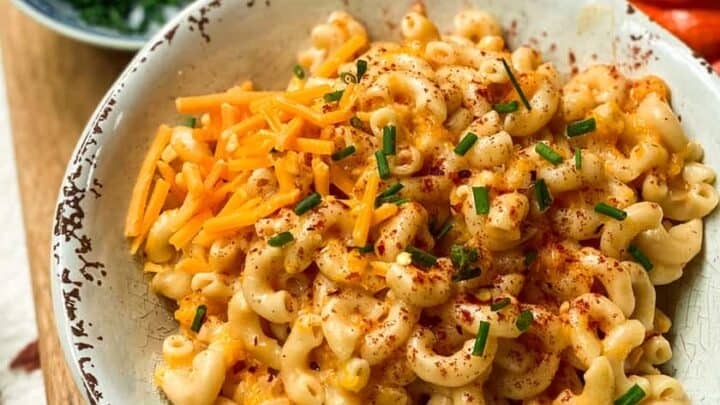 Closeup of Instant Pot Butternut Squash Mac and Cheese in a White Bowl