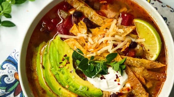 Top view of Instant Pot Chicken Tortilla Soup with Tortilla Strips