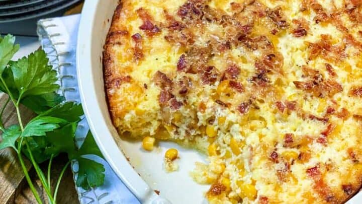 Vertical View of Bacon Corn Pudding with Piece Missing