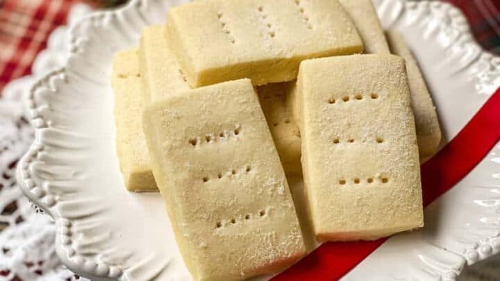 Top view of shortbread cookies on a white serving platter