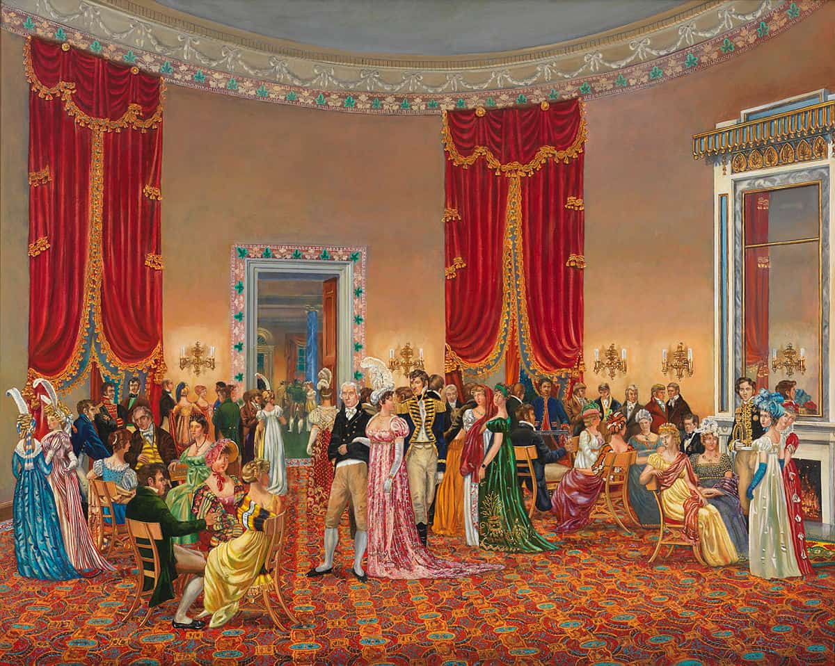Image: Painting of Dolley Madison Entertaining Guests by Peter Waddell - "The Splendid Mrs. Madison. In the 'Elliptical Saloon,' 1810-1814." Caption: Dolley Madison was the first wife of a president to fully embrace her role as First Lady. Her weekly levees were a politically neutral space. One visitor wrote of entering the "blazing splendor of Mrs. Madison's drawing room," designed by Benjamin H. Latrobe, and filled with political, military, and social figures of the day.
