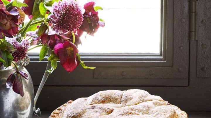 A Thanksgiving Pie sits on a folded cloth beside a knife and a metal vase of flowers on a windowsill, bathed in soft light coming through the window.
