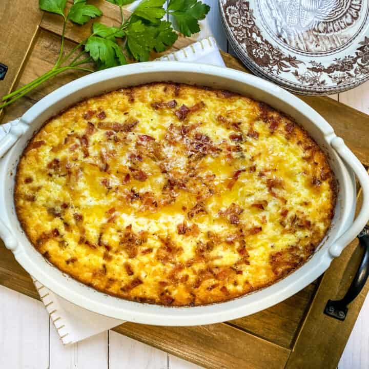 Horizontal view of Bacon Corn Pudding Unsliced