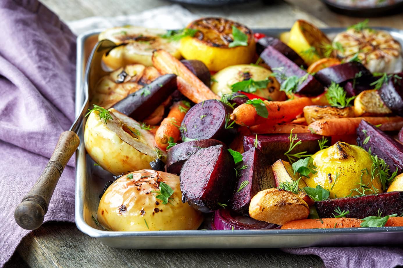 Roasted fall vegetables on a sheet pan