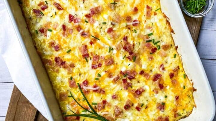 Full Baked Hashbrown Breakfast Casserole with Chives and Red Pepper Flakes
