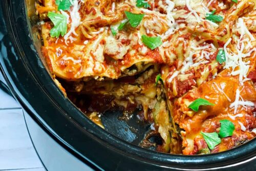 Easy Slow Cooker Lasagna cut into squares