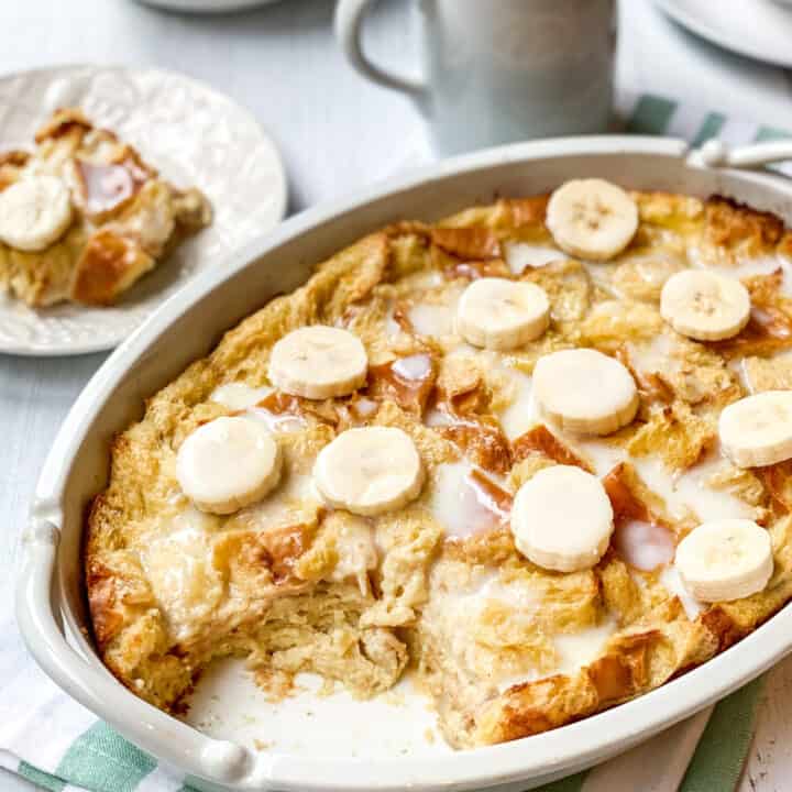 Banana Bread Pudding with a serving missing.