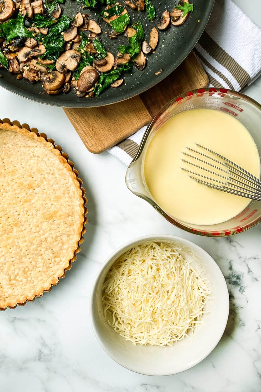 Assembled Ingredients for Easy Mushroom and Kale Quiche