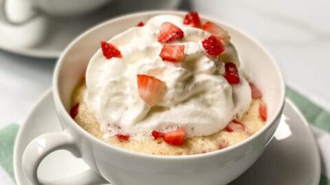 Side view of Garnished Strawberry Mug Cake