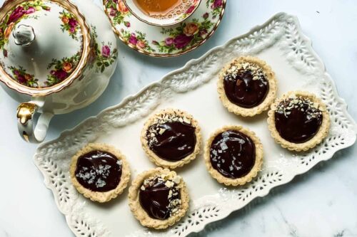 Chocolate Ganache Mini Tarts on a White Tea Platter