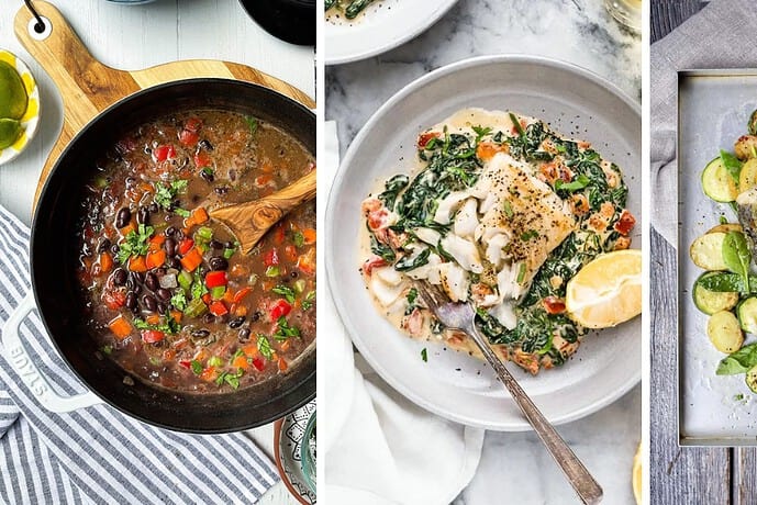 Three image collage of a pot of vegetarian chili, plated fish Florentine, and a sheet pan cod with vegetables.