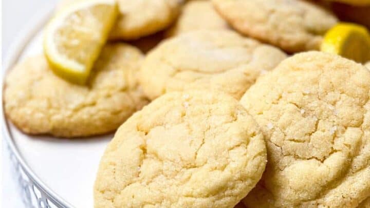 Vertical closeup of a plate of Lemon Sugar Cookies