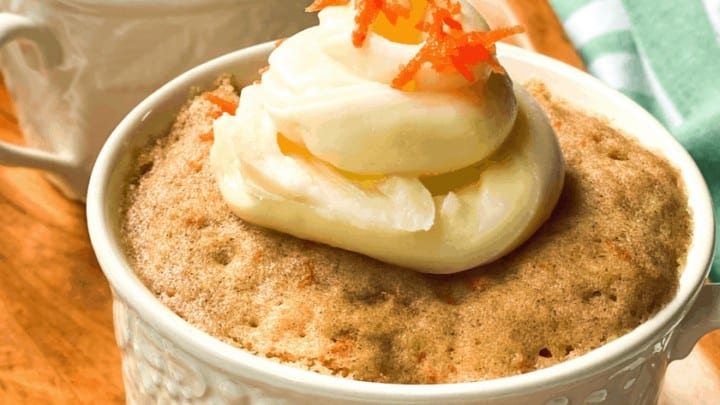 Closeup view of carrot mug cake.