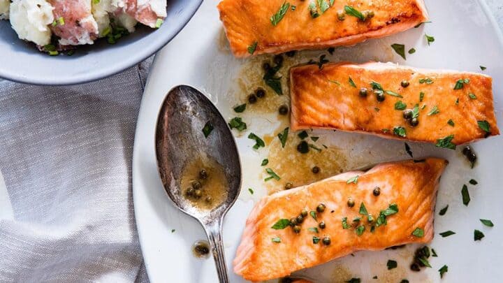 Seared Skillet Salmon on a White Plate
