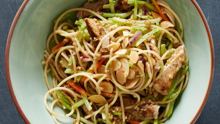 Pork and Noodle Dish in Green Bowl