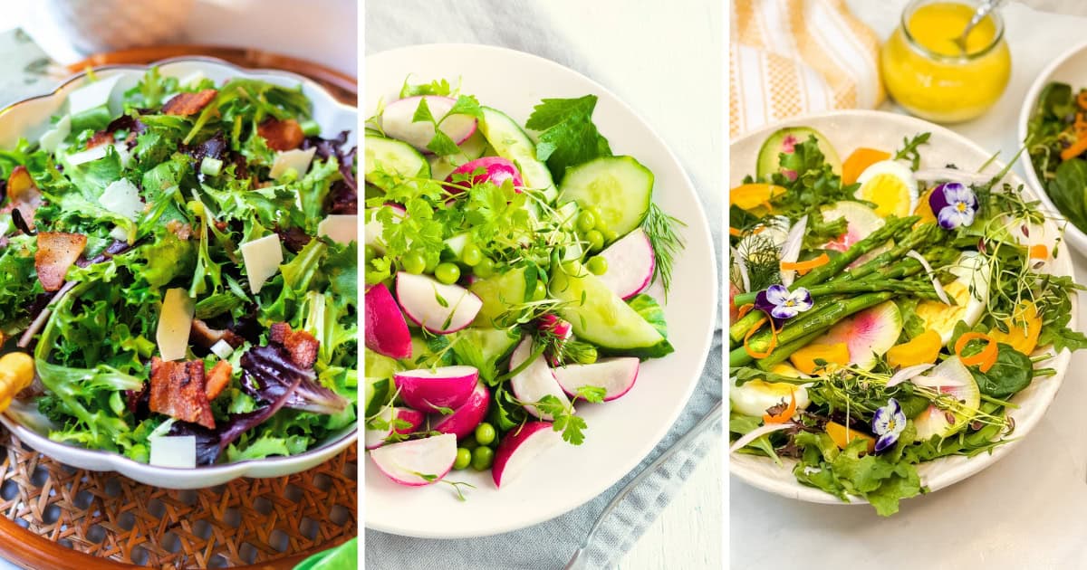 Three image collage featuring Easter salads with fresh spring ingredients like spinach, arugula, asparagus, peas, and more.